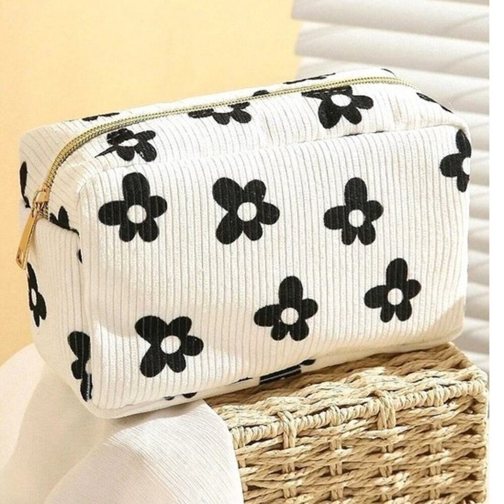 Floral Corduroy Cosmetic Makeup Bag Pouch Black and White